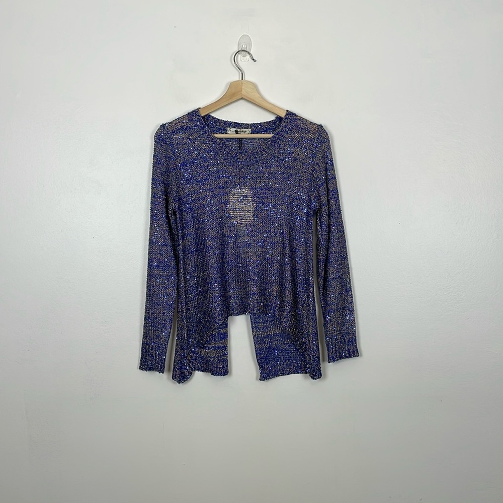 Missshop Womens M Long sleeve Chain Sequins Open Back With bow Pullover Blue Top